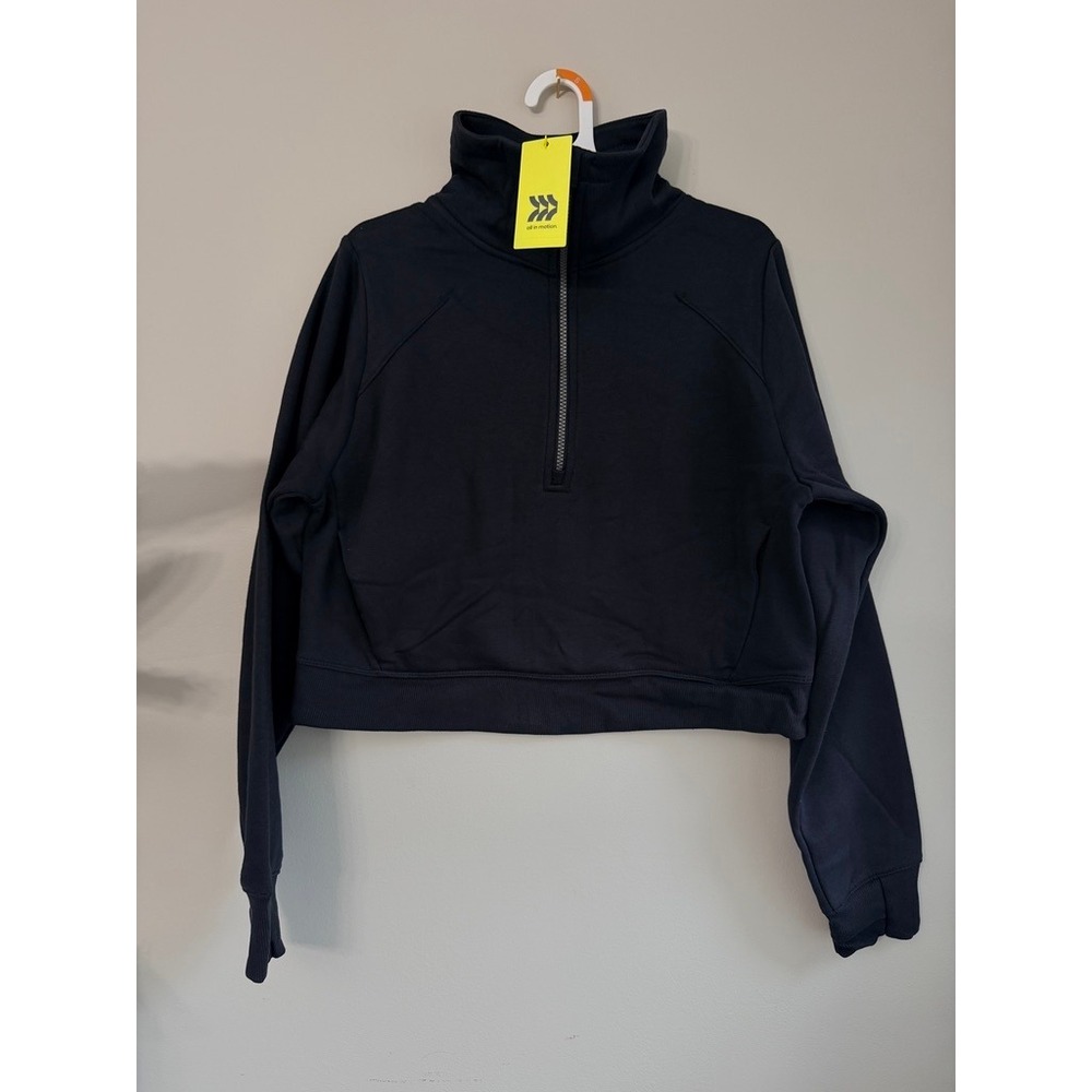 All in Motion Core Fleece‎ 1/2 Zip Women S Black Cropped Boxy Thumbholes NEW